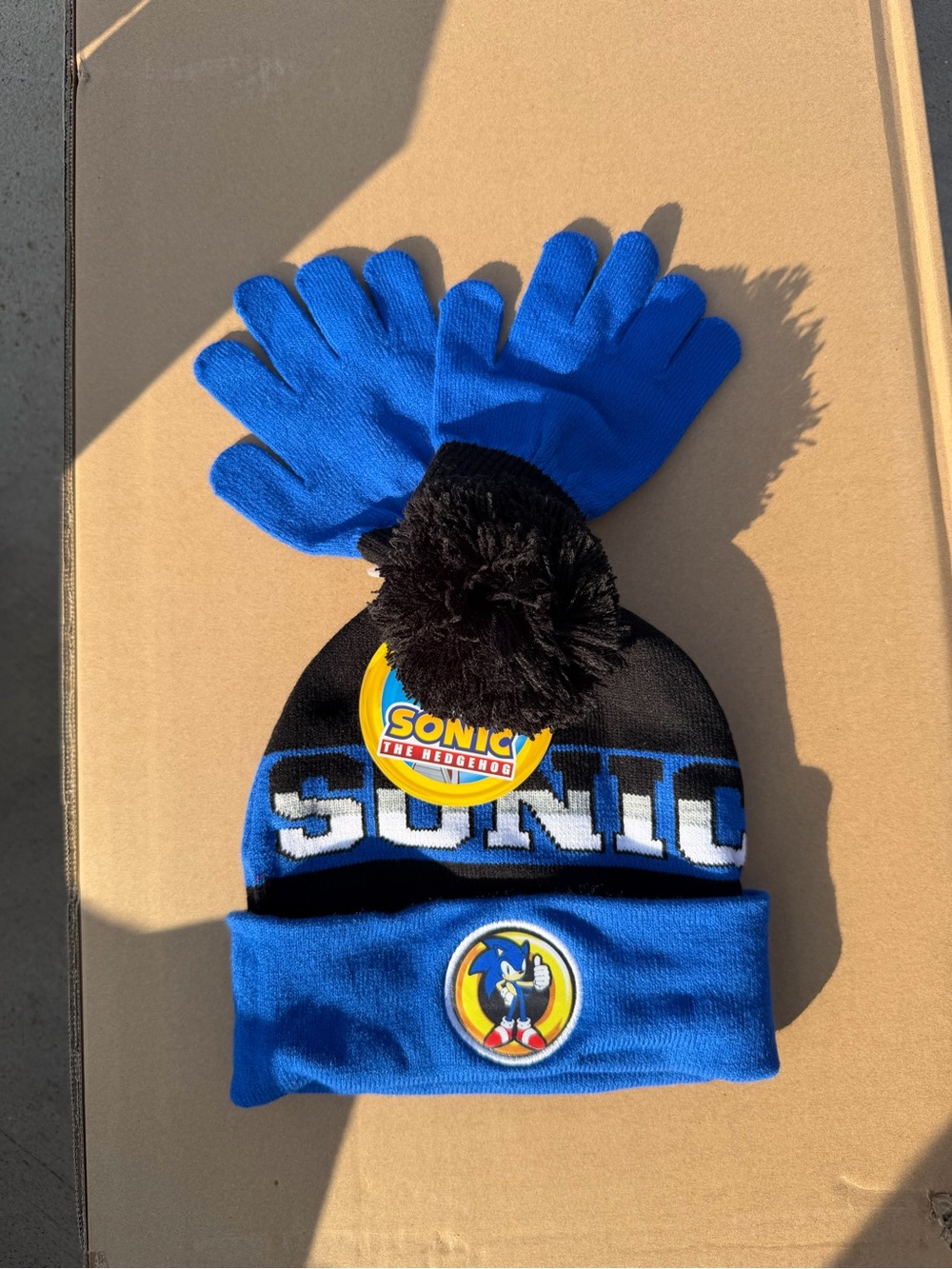 Sonic Kids Blue Knit Beanie & Gloves Set with Black Pom